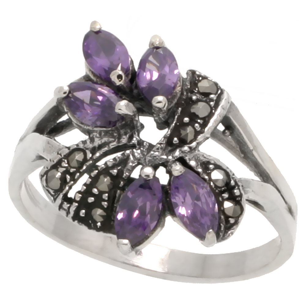 STERLING SILVER MARCASITE FLORAL RING, W/ MARQUISE CUT AMETHYST CZ, 3/4" (19 MM) WIDE