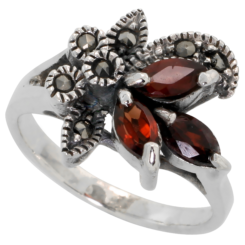 STERLING SILVER MARCASITE FLOWER RING, W/ NATURAL GARNET, 1/2" (13 MM) WIDE