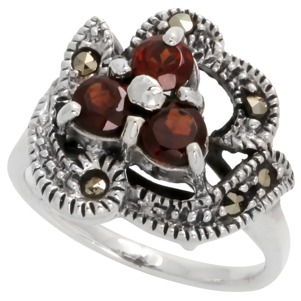 STERLING SILVER MARCASITE FREEFORM RING, W/ BRILLIANT CUT NATURAL GARNET, 9/16" (15 MM) WIDE