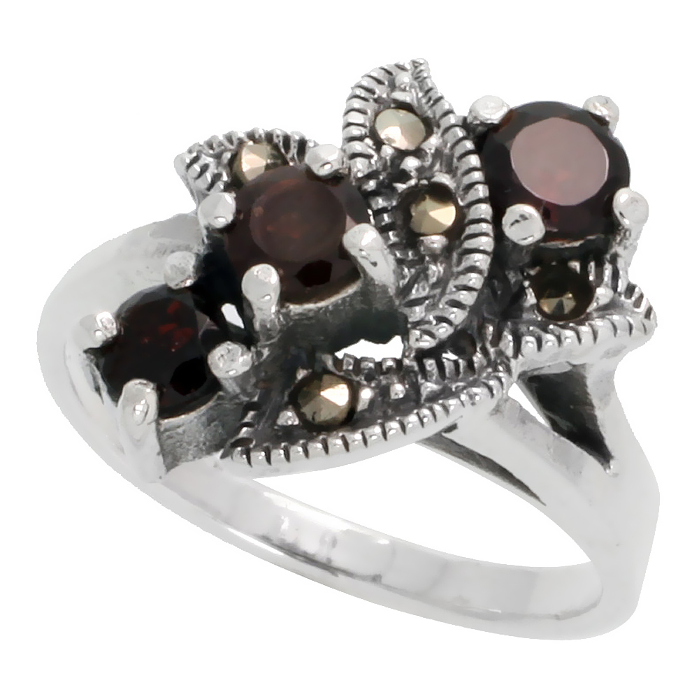 STERLING SILVER MARCASITE LEAF DESIGN RING, W/ BRILLIANT CUT NATURAL GARNET, 1/2" (13 MM) WIDE