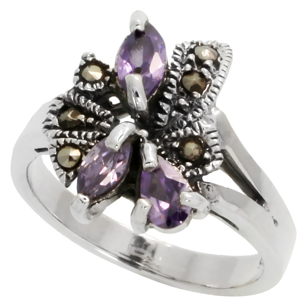 STERLING SILVER MARCASITE FREEFORM RING, W/ MARQUISE CUT & PEAR CUT AMETHYST CZ, 5/8" (15 MM) WIDE