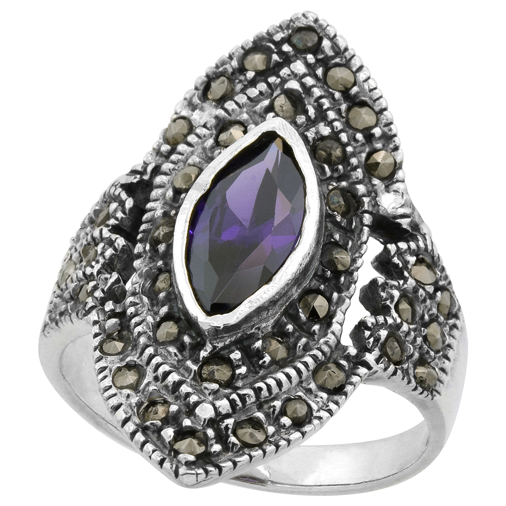 STERLING SILVER MARCASITE DIAMOND-SHAPED RING, W/ MARQUISE CUT AMETHYST CZ, 1" (25 MM) WIDE