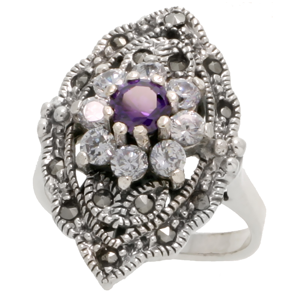STERLING SILVER MARCASITE FLORAL RING, W/ BRILLIANT CUT CLEAR & AMETHYST CZ, 1 1/16" (28 MM) WIDE