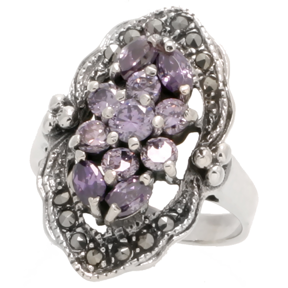 STERLING SILVER MARCASITE MARQUISE-SHAPED RING, W/ BRILLIANT & MARQUISE CUT AMETHYST CZ, 1" (25 MM) WIDE