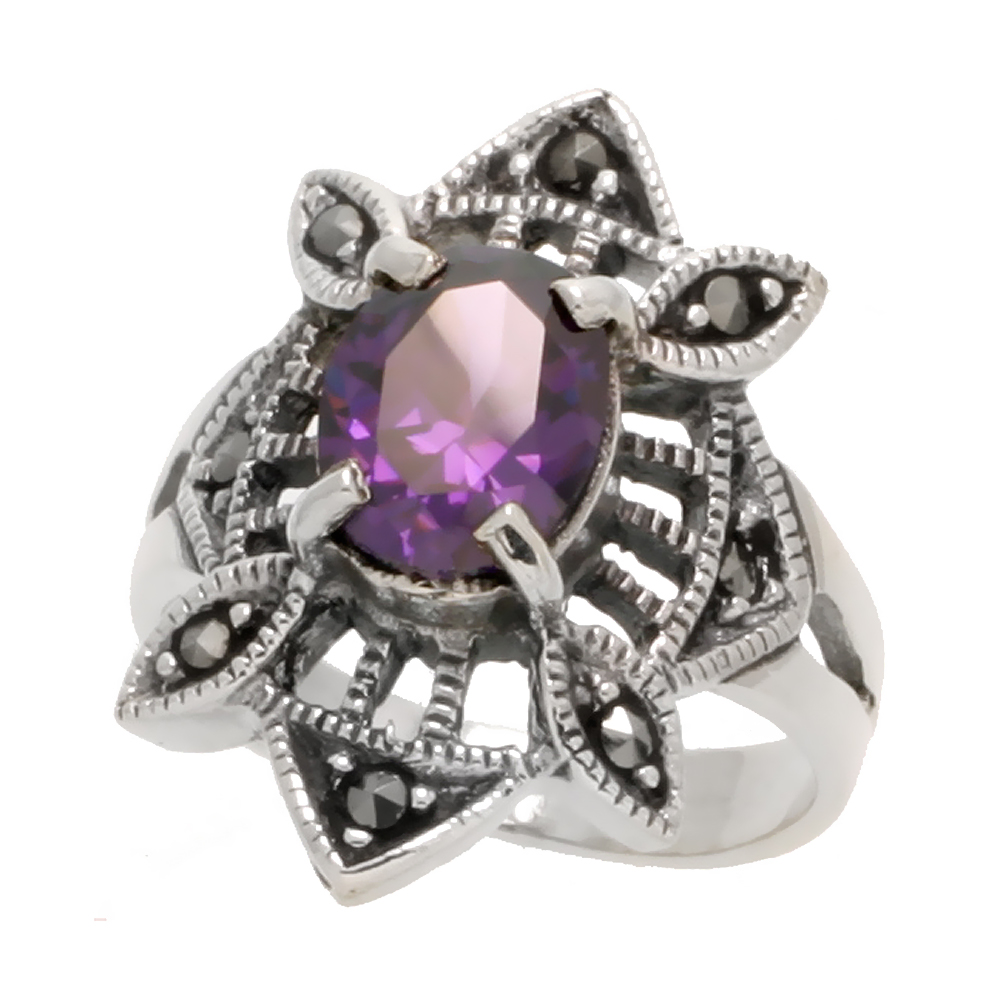 STERLING SILVER MARCASITE DIAMOND-SHAPED RING, W/ OVAL CUT AMETHYST CZ, 1" (25 MM) WIDE