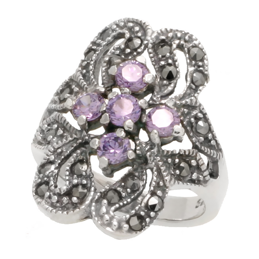 STERLING SILVER MARCASITE FREEFORM RING, W/ BRILLIANT CUT AMETHYST CZ, 15/16" (24 MM) WIDE