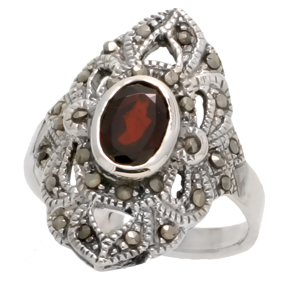 STERLING SILVER MARCASITE DIAMOND-SHAPED RING, W/ OVAL CUT NATURAL GARNET, 1" (26 MM) WIDE