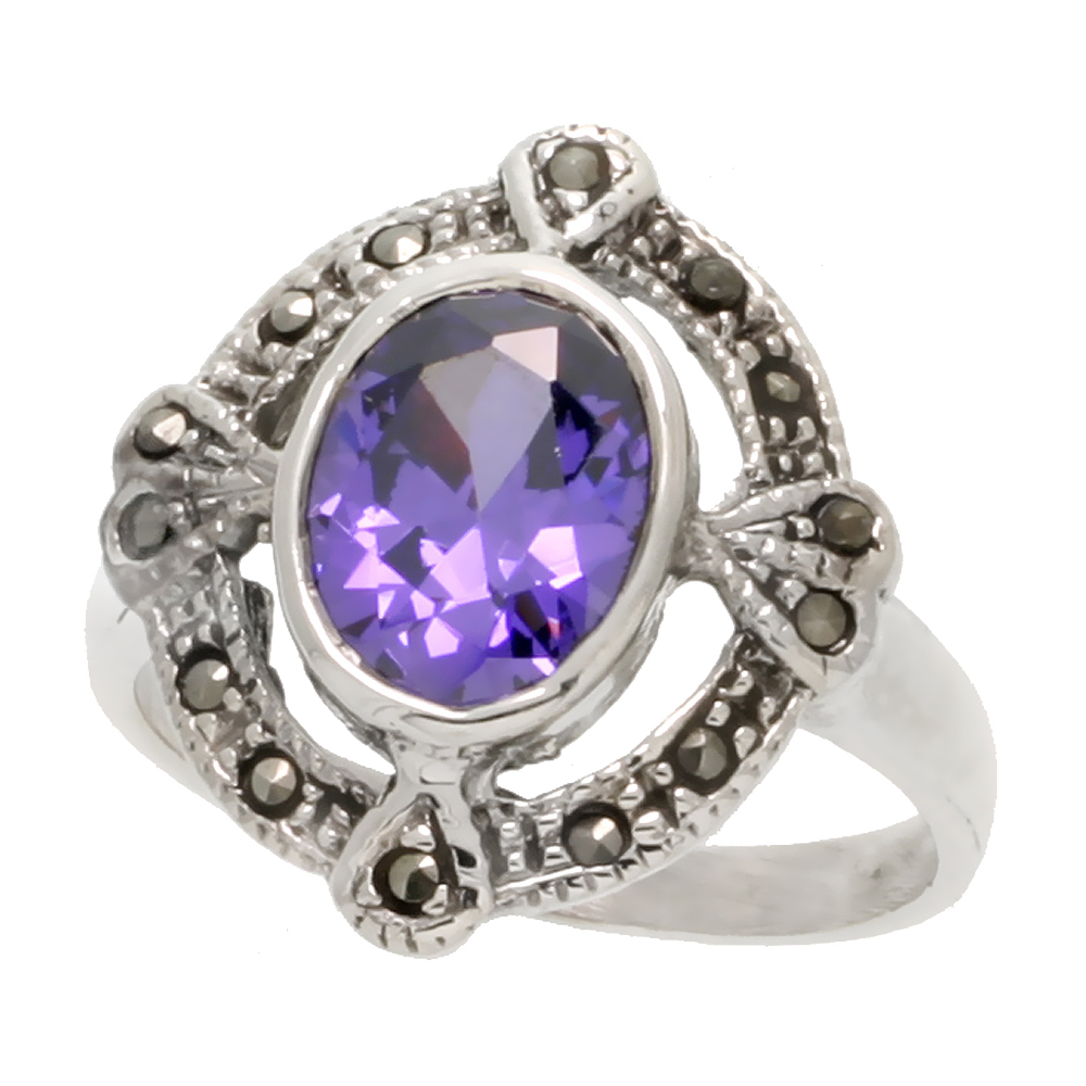 STERLING SILVER MARCASITE OVAL CUT OUT RING, W/ OVAL CUT AMETHYST CZ, 15/16" (24 MM) WIDE