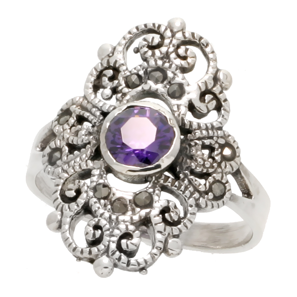 STERLING SILVER MARCASITE FANCY RING, W/ BRILLIANT CUT AMETHYST CZ, 7/8" (23 MM) WIDE