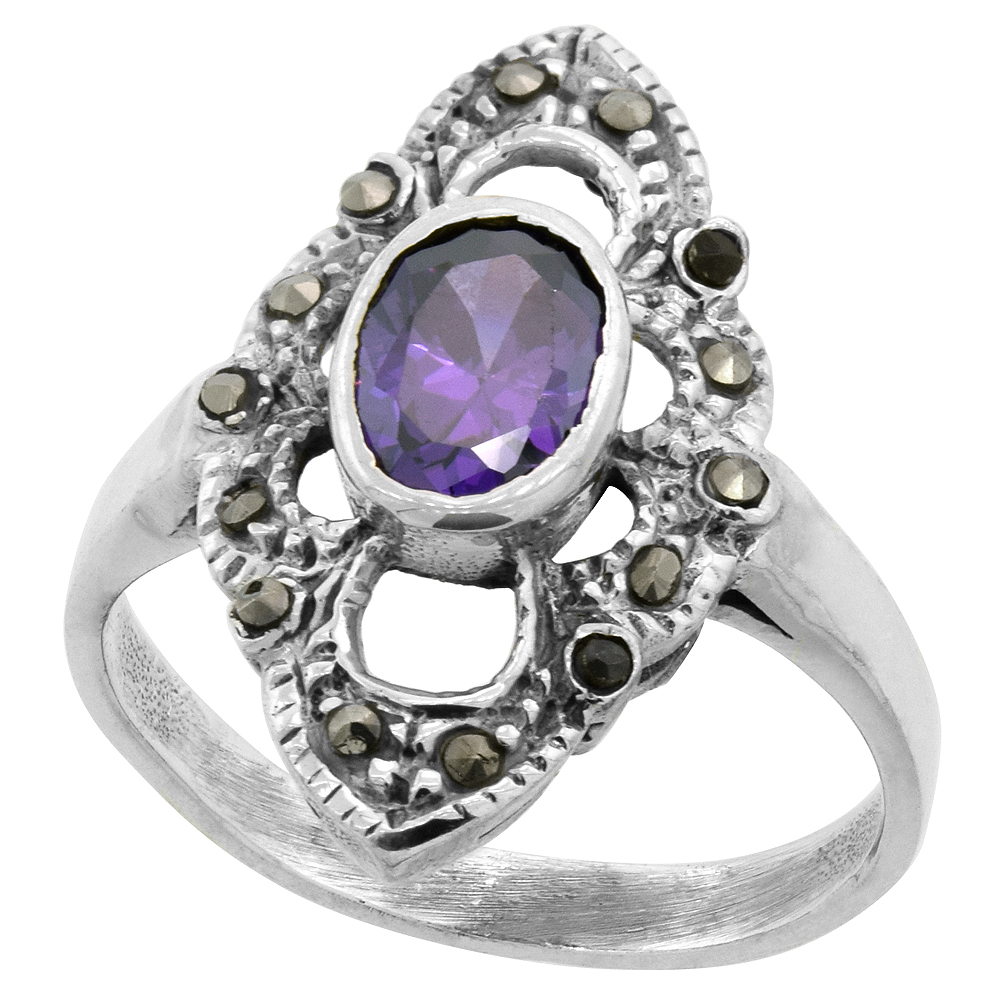 STERLING SILVER MARCASITE FLORAL RING, W/ OVAL CUT AMETHYST CZ, 7/8" (23 MM) WIDE