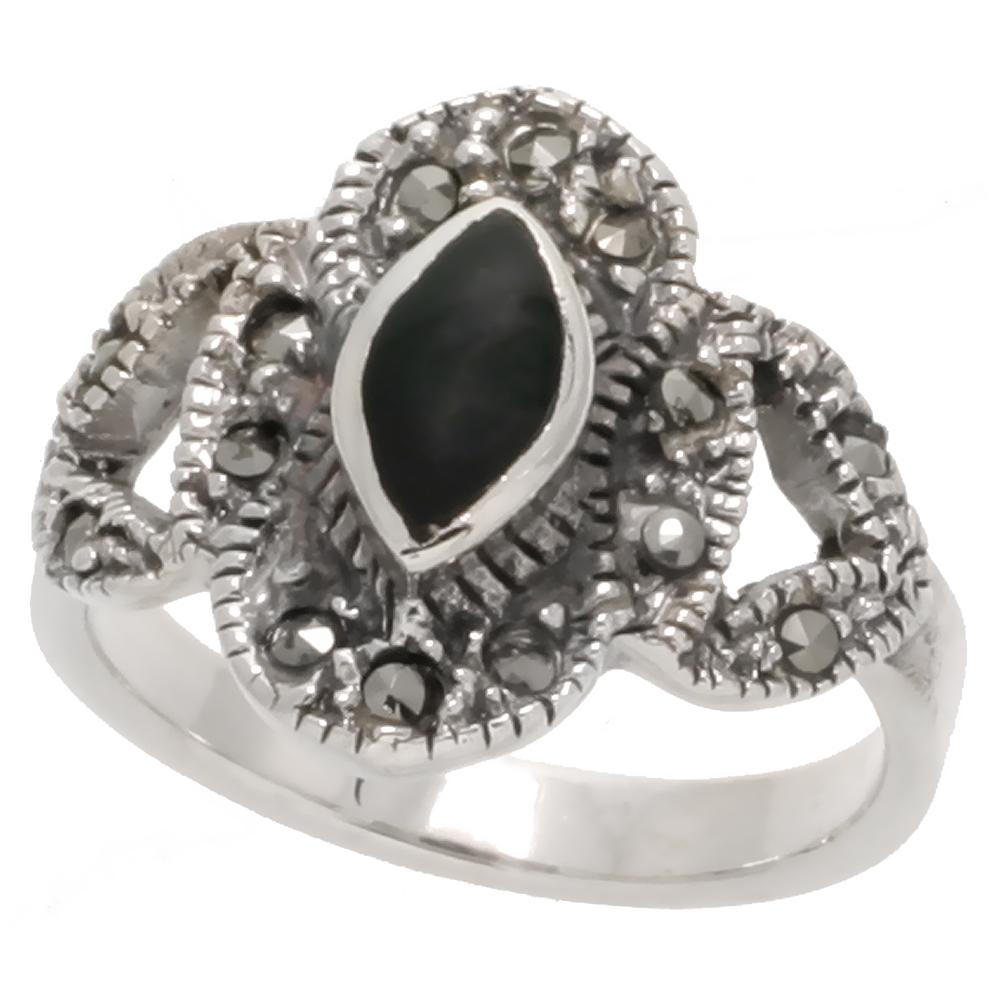 STERLING SILVER MARCASITE FANCY RING, W/ MARQUISE CUT JET STONE, 3/4" (19 MM) WIDE