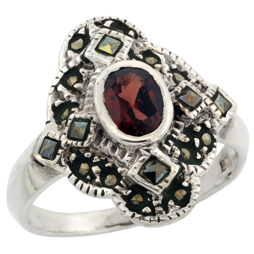 STERLING SILVER MARCASITE OVAL-SHAPED RING, W/ OVAL CUT NATURAL GARNET, 3/4" (19 MM) WIDE