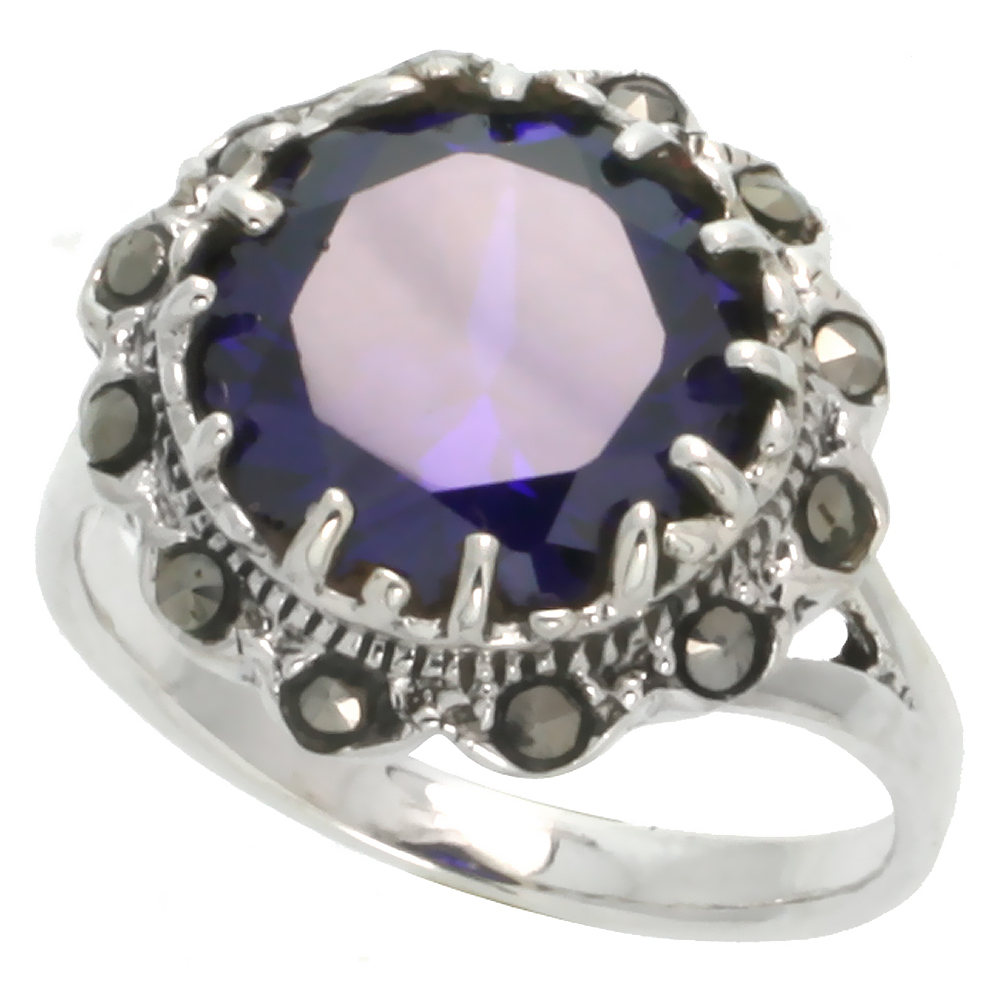 STERLING SILVER MARCASITE FLOWER RING, W/ BRILLIANT CUT AMETHYST CZ, 3/4" (19 MM) WIDE
