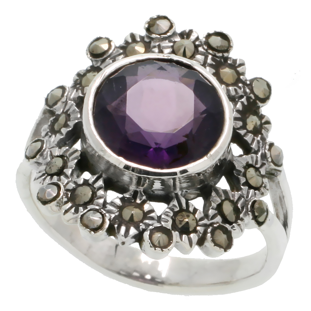 STERLING SILVER MARCASITE RING, W/ BRILLIANT CUT AMETHYST CZ, 13/16" (21 MM) WIDE