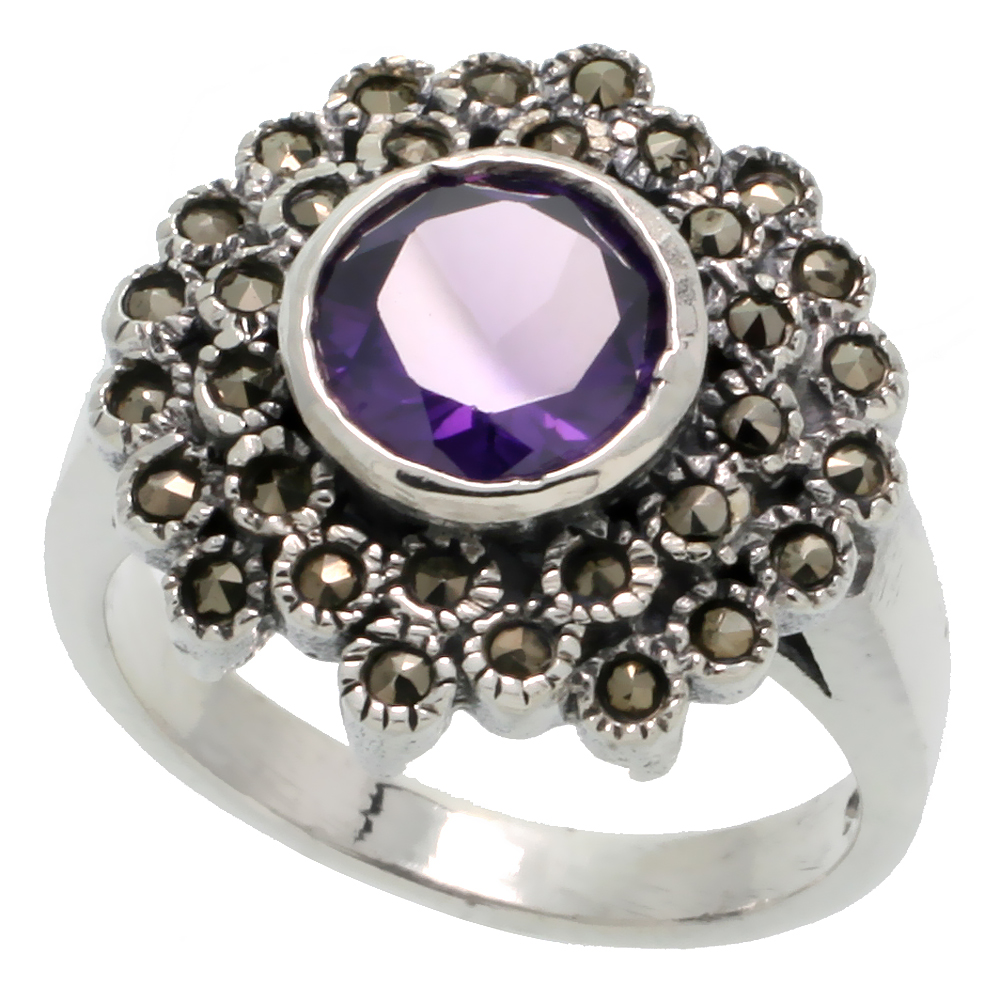 STERLING SILVER MARCASITE RING, W/ BRILLIANT CUT AMETHYST CZ, 13/16" (21 MM) WIDE