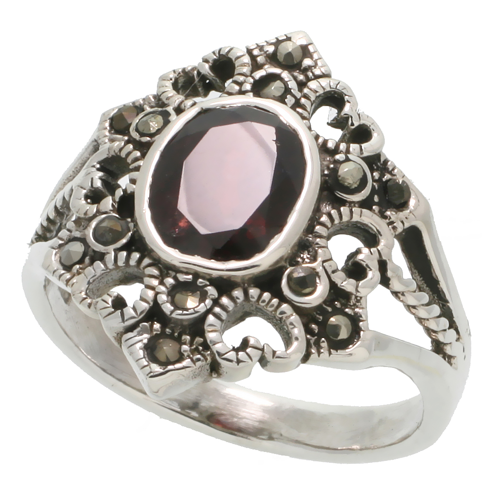 STERLING SILVER MARCASITE HEXAGON-SHAPED RING, W/ OVAL CUT NATURAL GARNET, 13/16" (21 MM) WIDE