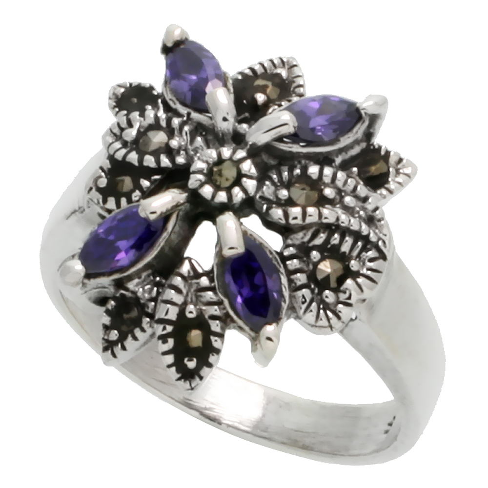 STERLING SILVER MARCASITE FLOWER RING, W/ MARQUISE CUT AMETHYST CZ, 3/4" (19 MM) WIDE