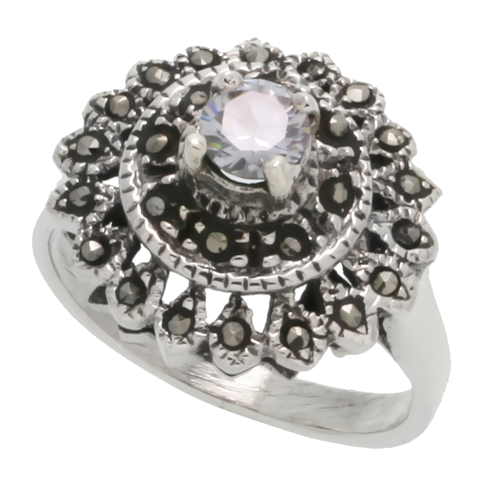 STERLING SILVER MARCASITE FLOWER RING, W/ BRILLIANT CUT CZ STONE, 13/16" (20 MM) WIDE