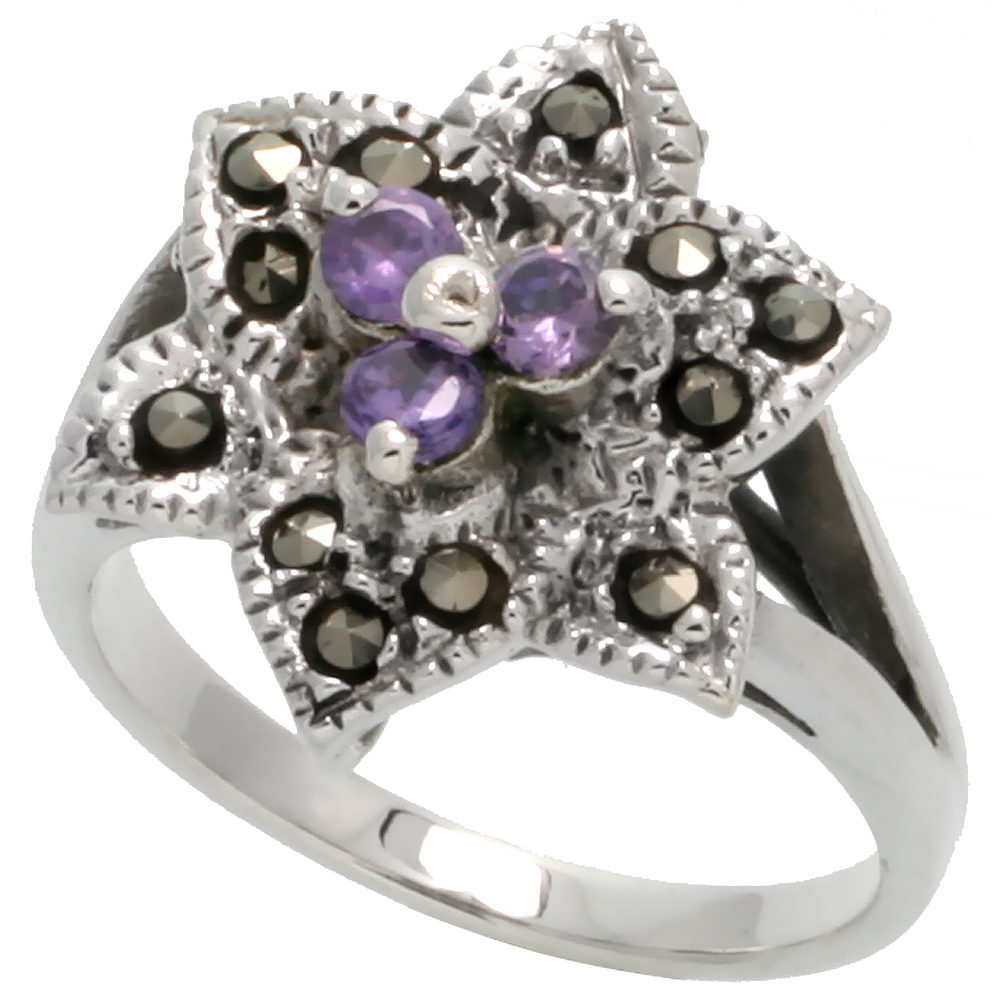 STERLING SILVER MARCASITE FANCY FLOWER RING, W/ BRILLIANT CUT AMETHYST CZ, 3/4" (19 MM) WIDE