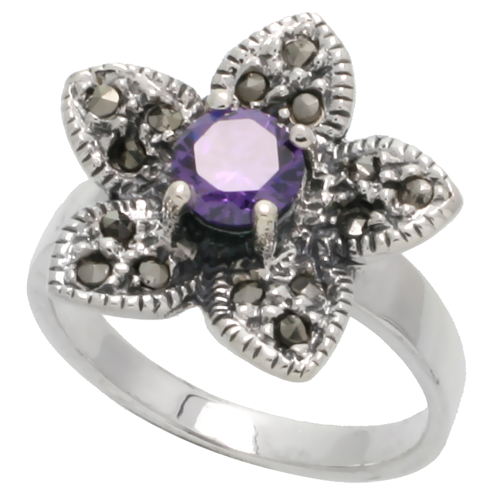 STERLING SILVER MARCASITE FANCY FLOWER RING, W/ BRILLIANT CUT AMETHYST CZ, 3/4" (19 MM) WIDE