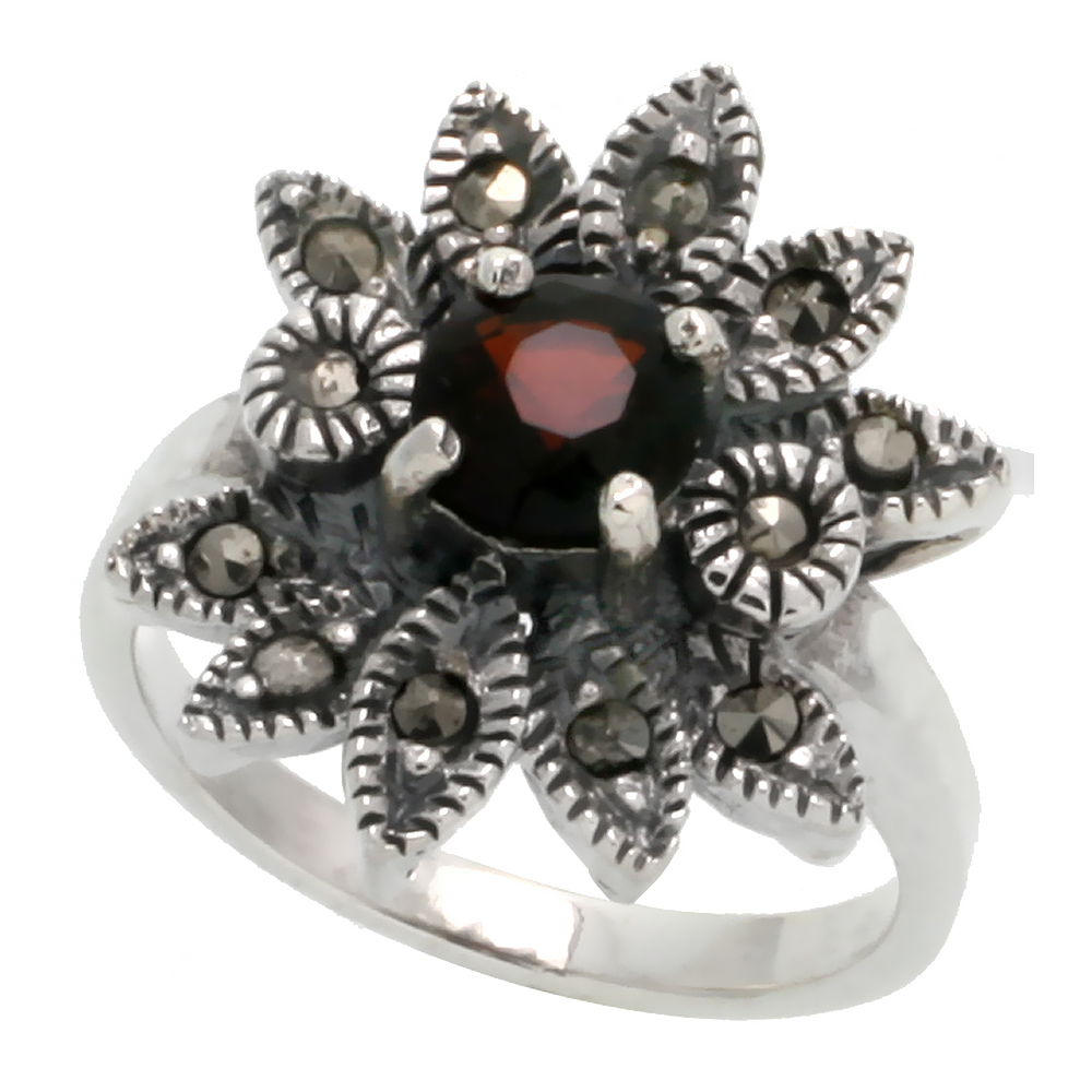 STERLING SILVER MARCASITE FANCY FLOWER RING, W/ BRILLIANT CUT NATURAL GARNET, 3/4" (19 MM) WIDE