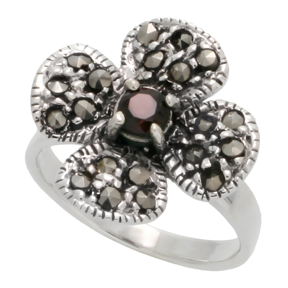 STERLING SILVER MARCASITE FANCY CLOVER FLOWER RING, W/ BRILLIANT CUT NATURAL GARNET, 5/8" (16 MM) WIDE