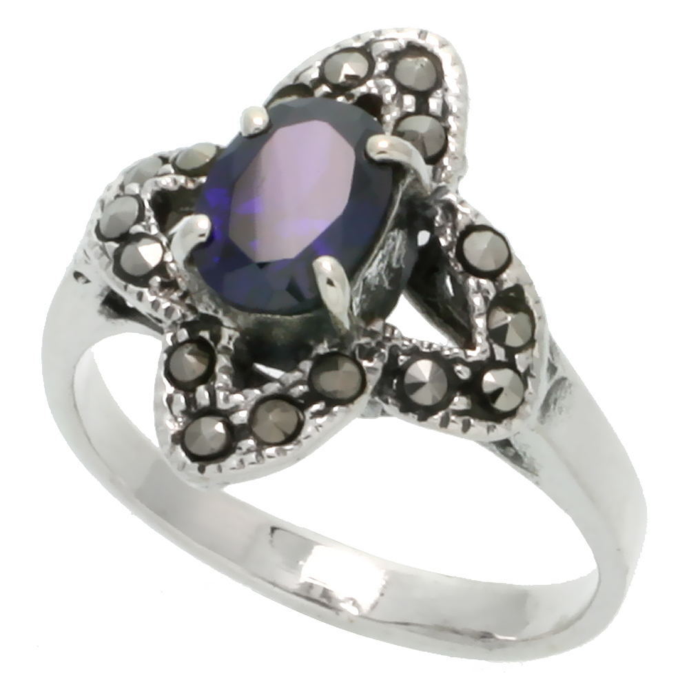 STERLING SILVER MARCASITE RING, W/ OVAL CUT AMETHYST CZ, 3/4" (19 MM) WIDE