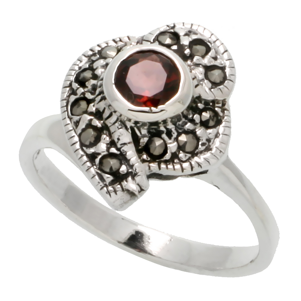 STERLING SILVER MARCASITE SWIRL RING, W/ BRILLIANT CUT NATURAL GARNET, 5/8" (16 MM) WIDE