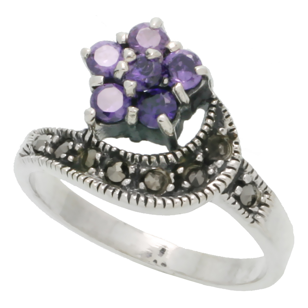 STERLING SILVER MARCASITE FLOWER RING, W/ BRILLIANT CUT AMETHYST CZ, 5/8" (16 MM) WIDE