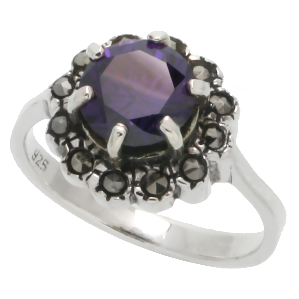 STERLING SILVER MARCASITE FLOWER RING, W/ BRILLIANT CUT AMETHYST CZ, 1/2" (16 MM) WIDE