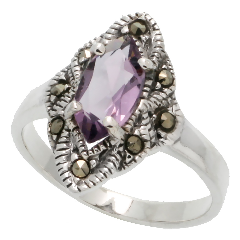 STERLING SILVER MARCASITE RING, W/ MARQUISE CUT NATURAL AMETHYST STONE, 13/16" (21 MM) WIDE