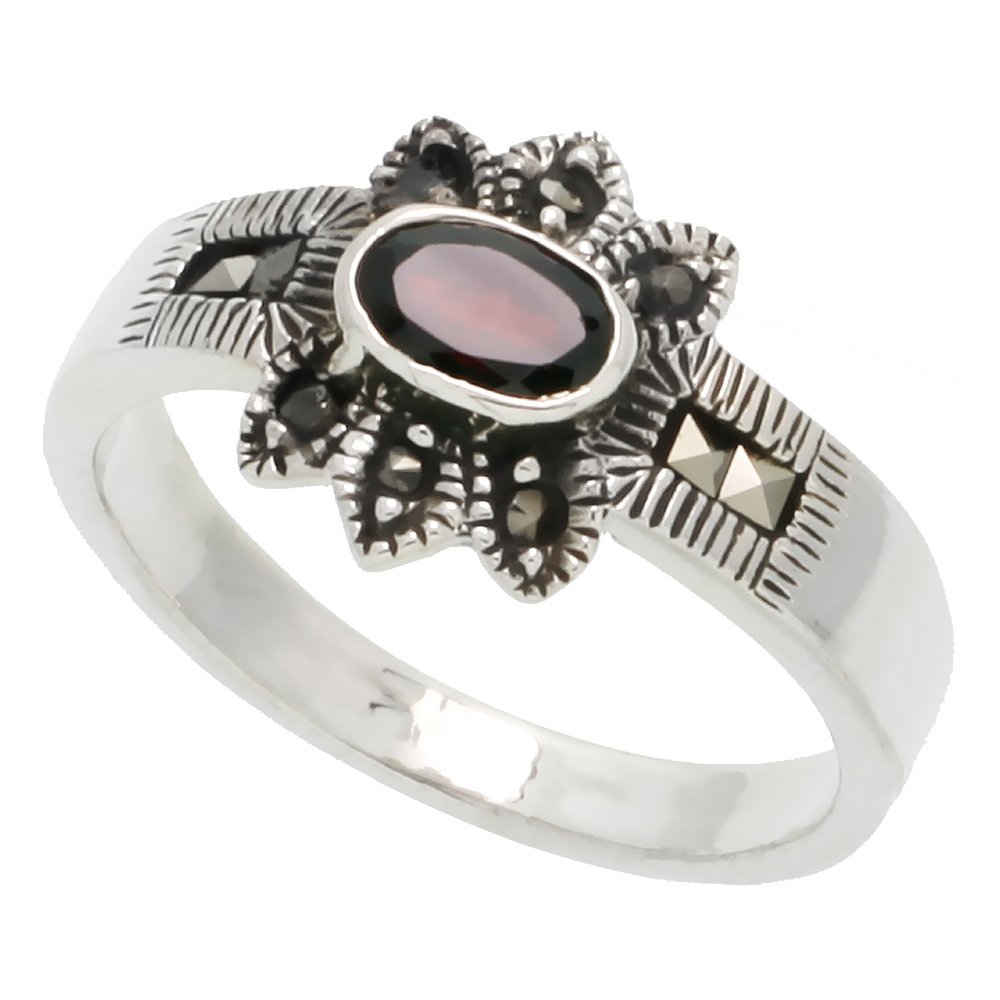 STERLING SILVER MARCASITE FLOWER RING, W/ OVAL CUT NATURAL GARNET, 1/2" (12 MM) WIDE
