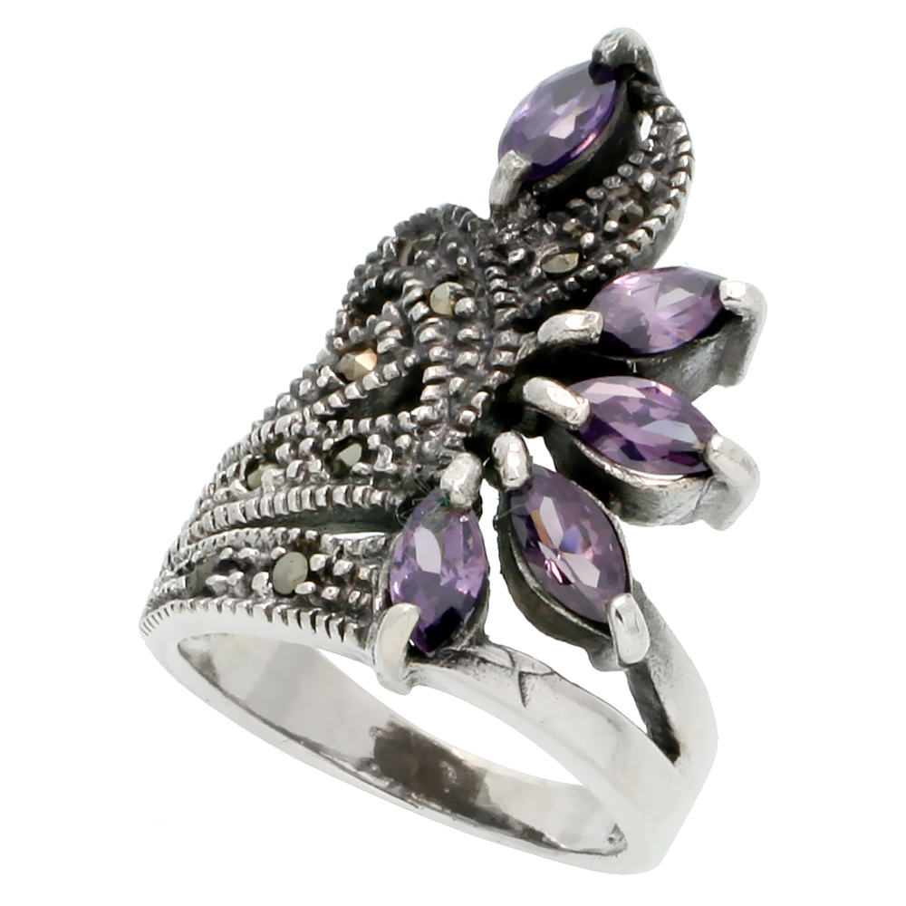 STERLING SILVER MARCASITE FANCY RING, W/ MARQUISE CUT AMETHYST CZ, 15/16" (24 MM) WIDE