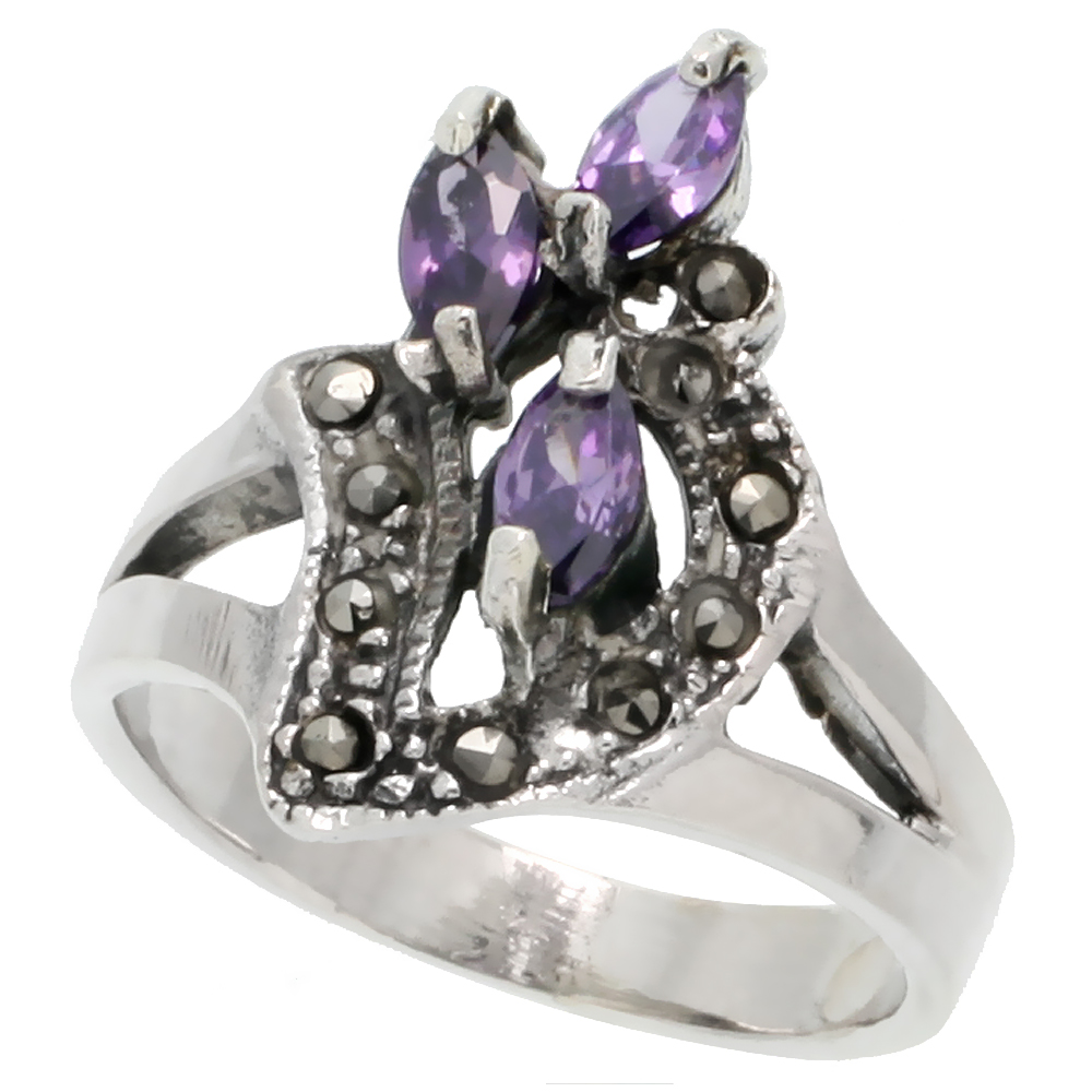 Sterling Silver Marcasite Freeform Ring, w/ Marquise Cut Amethyst CZ, 1&quot; (25 mm) wide
