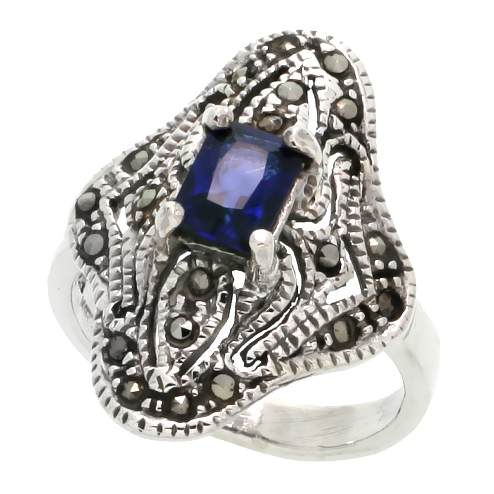 STERLING SILVER MARCASITE CLOVER-SHAPED RING, W/ EMERALD CUT BLUE SAPPHIRE CZ, 7/8" (22 MM) WIDE
