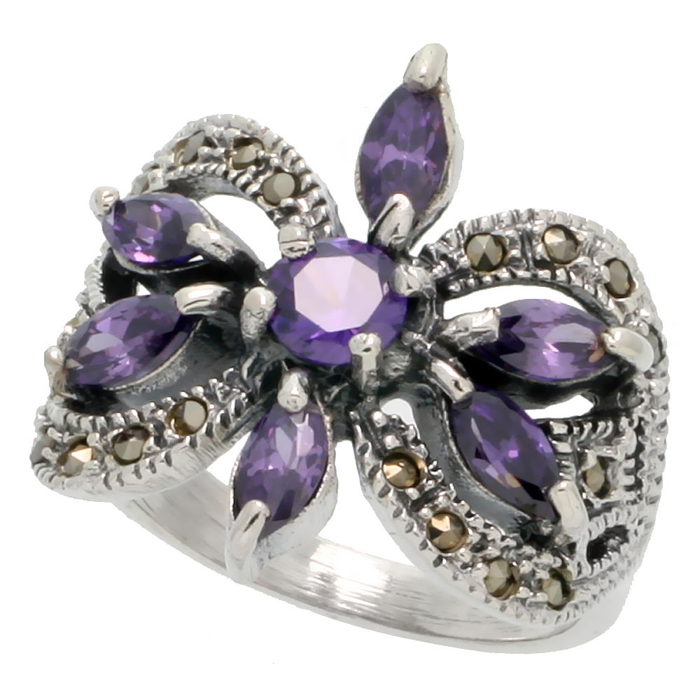 STERLING SILVER MARCASITE FLOWER RING, W/ BRILLIANT & MARQUISE CUT AMETHYST CZ, 11/16" (18 MM) WIDE