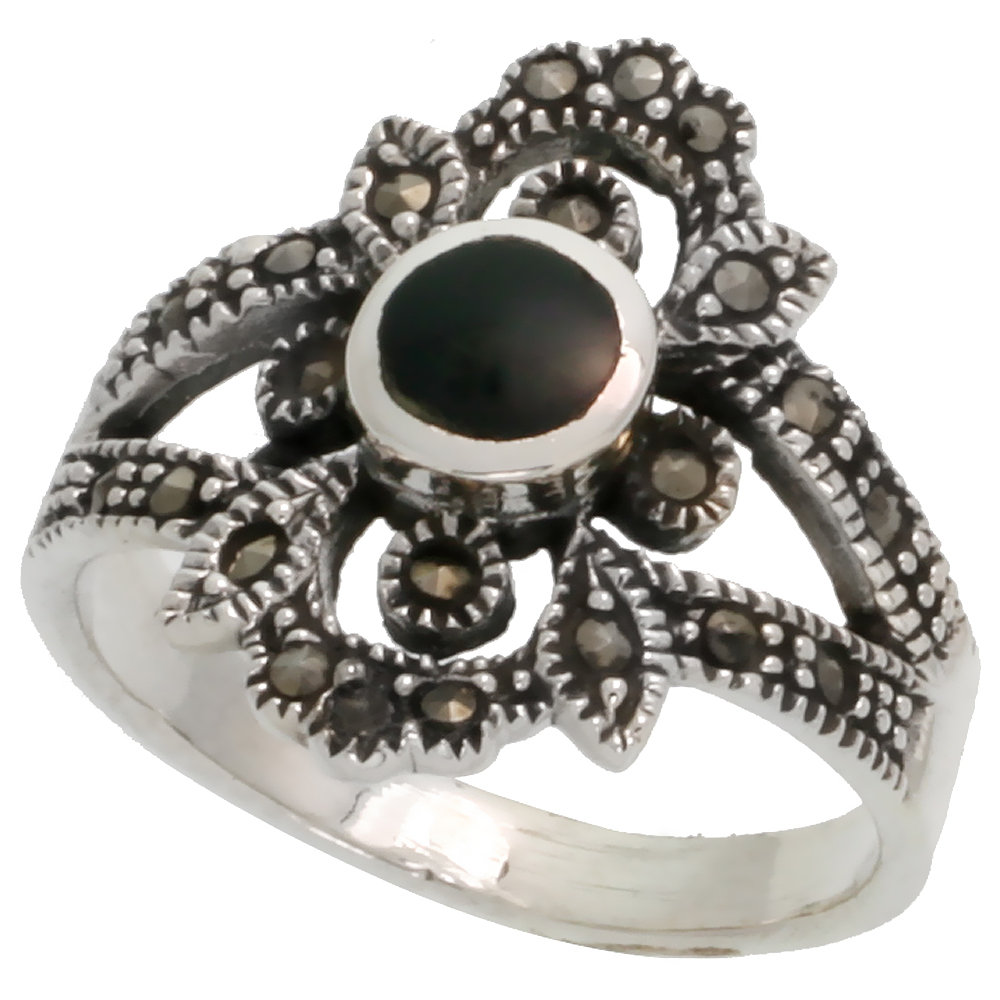STERLING SILVER MARCASITE FLORAL RING, W/ BRILLIANT CUT NATURAL GARNET, 7/8" (22 MM) WIDE