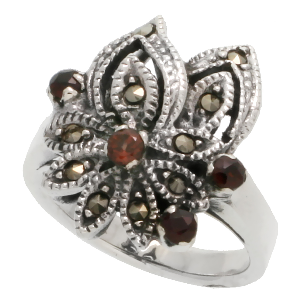 STERLING SILVER MARCASITE FLOWER RING, W/ BRILLIANT CUT NATURAL GARNET, 13/16" (21 MM) WIDE