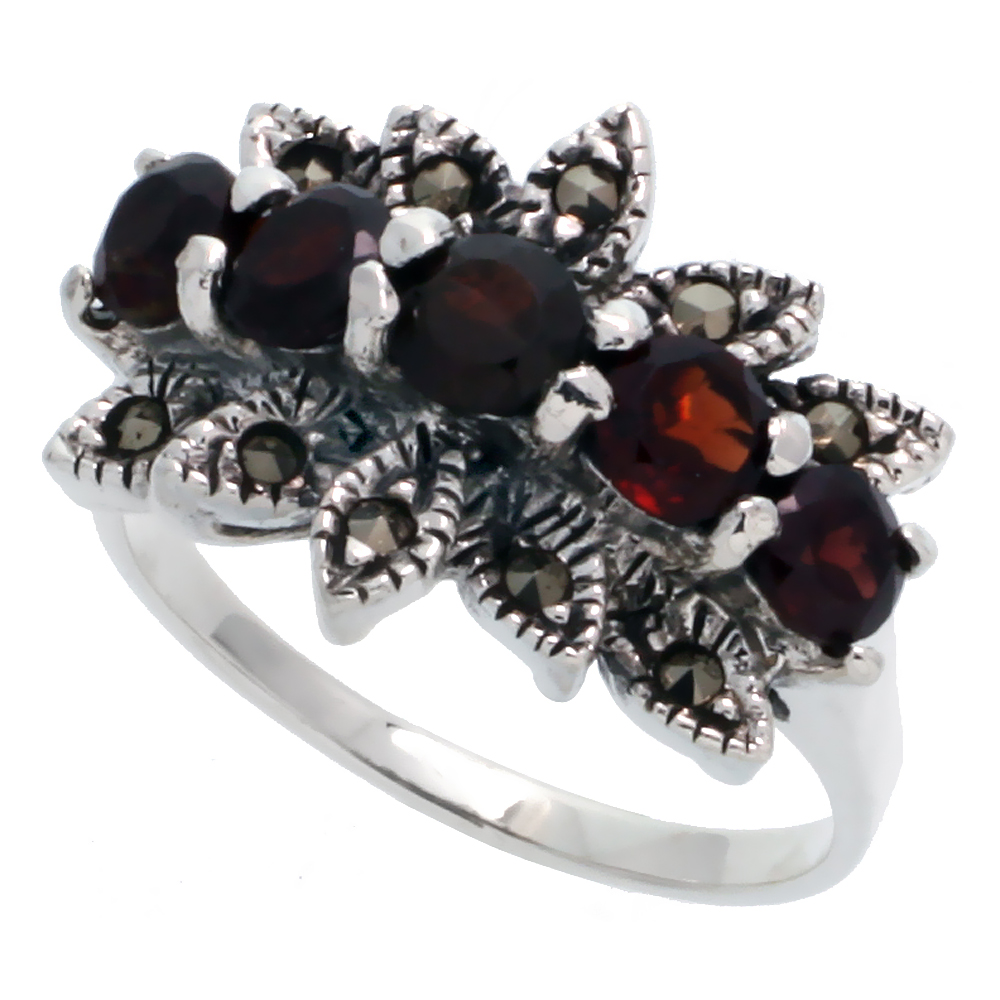 STERLING SILVER MARCASITE FLORAL RING, W/ BRILLIANT CUT NATURAL GARNET, 1/2" (13 MM) WIDE