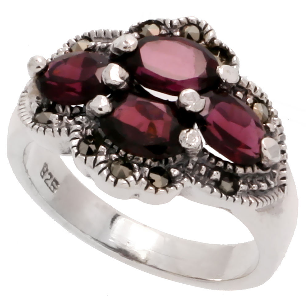 Sterling Silver Marcasite Fancy Ring, w/ Oval Cut Natural Garnet, 1/2&quot; (12 mm) wide