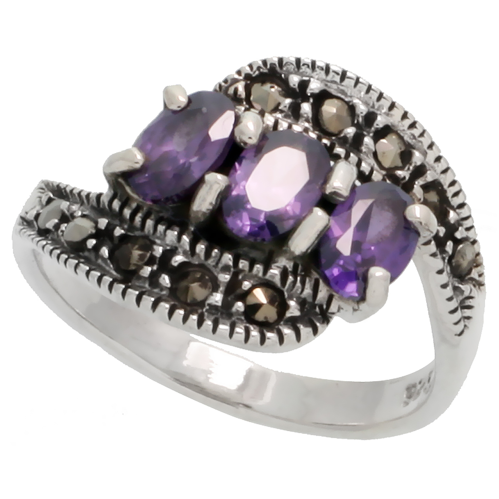 STERLING SILVER MARCASITE FANCY RING, W/ OVAL CUT AMETHYST CZ, 1/2" (13 MM) WIDE