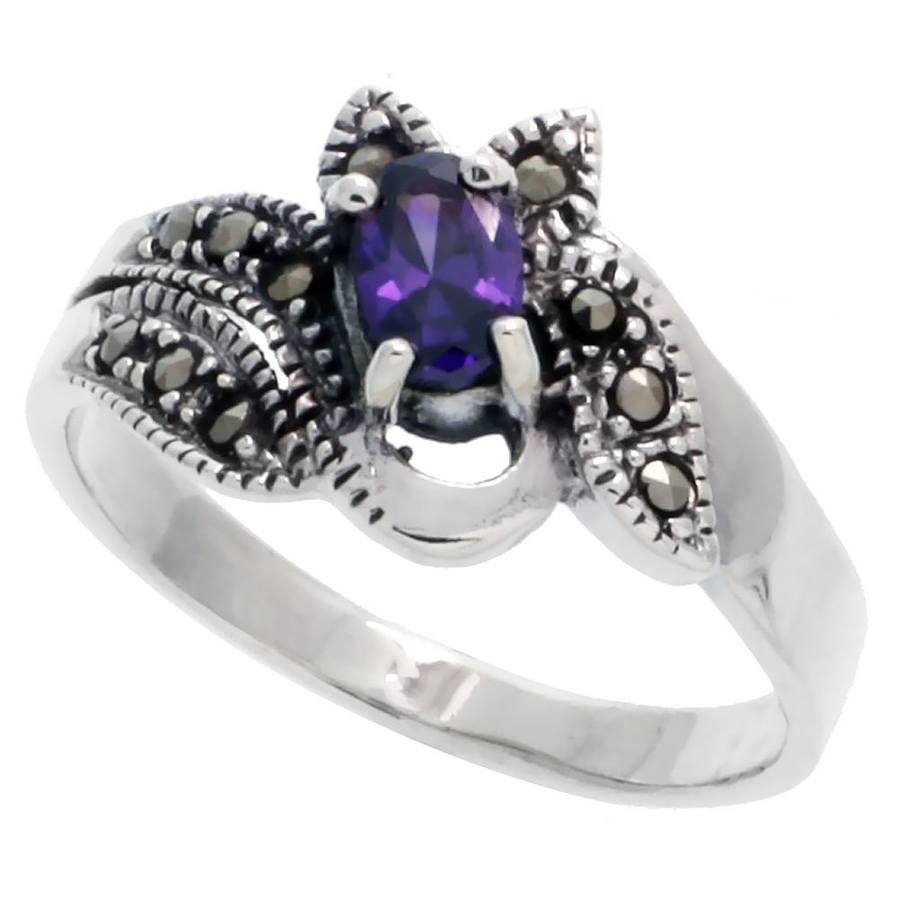 STERLING SILVER MARCASITE SWIRL RING, W/ OVAL CUT AMETHYST CZ, 1/2" (13 MM) WIDE