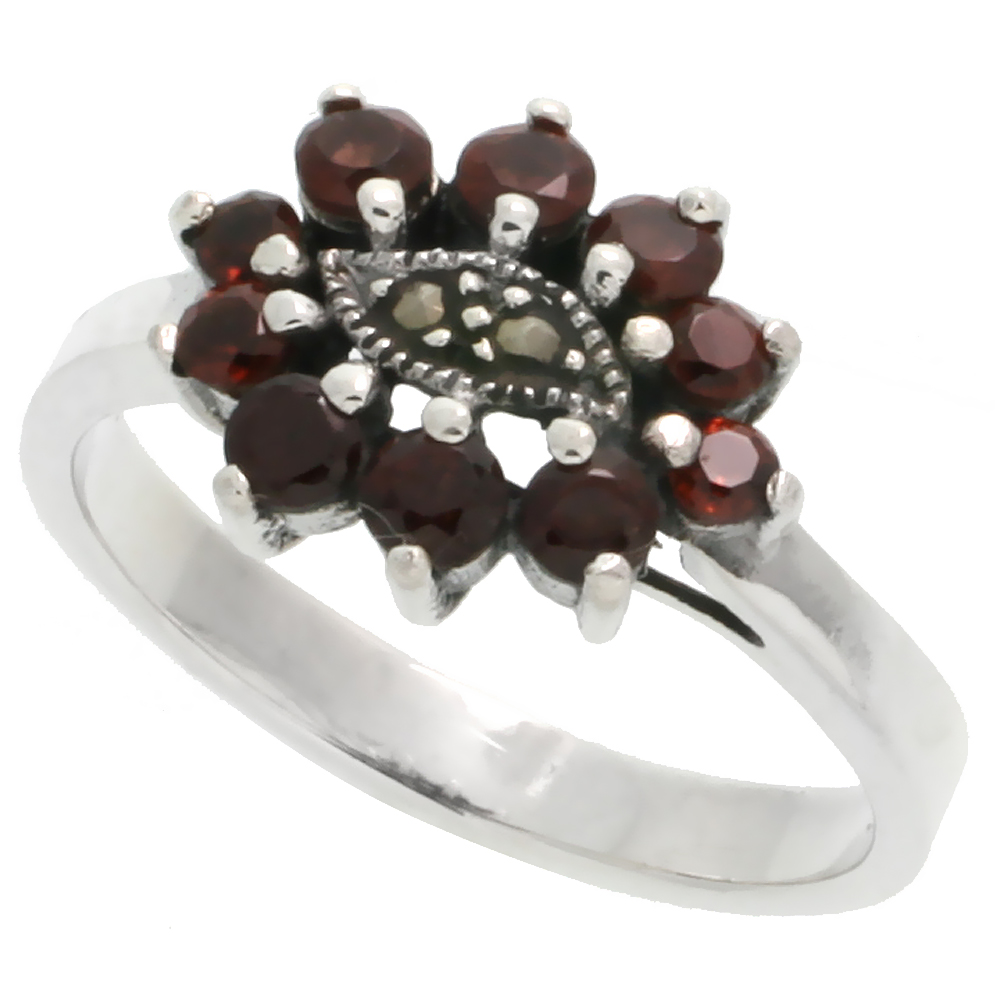 STERLING SILVER MARCASITE FREEFORM RING, W/ BRILLIANT CUT NATURAL GARNET, 1/2" (13 MM) WIDE