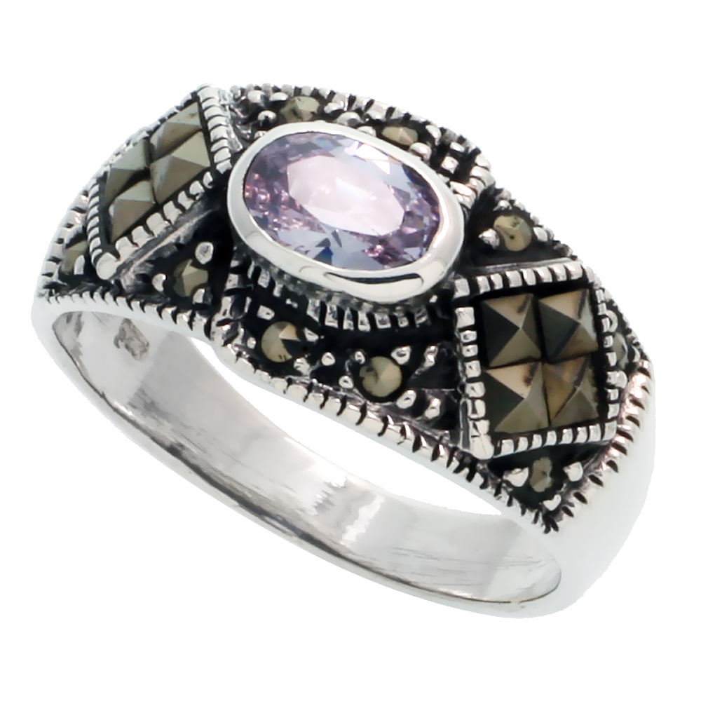 STERLING SILVER MARCASITE RING, W/ OVAL CUT LIGHT AMETHYST CZ, 3/8" (10 MM) WIDE