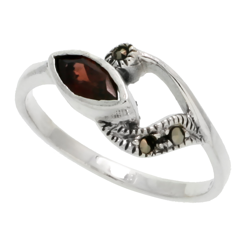 STERLING SILVER MARCASITE FREEFORM RING, W/ NATURAL GARNET, 3/8" (10 MM) WIDE