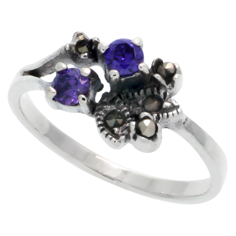 STERLING SILVER MARCASITE FLORAL RING, W/ BRILLIANT CUT AMETHYST CZ, 5/16" (8 MM) WIDE