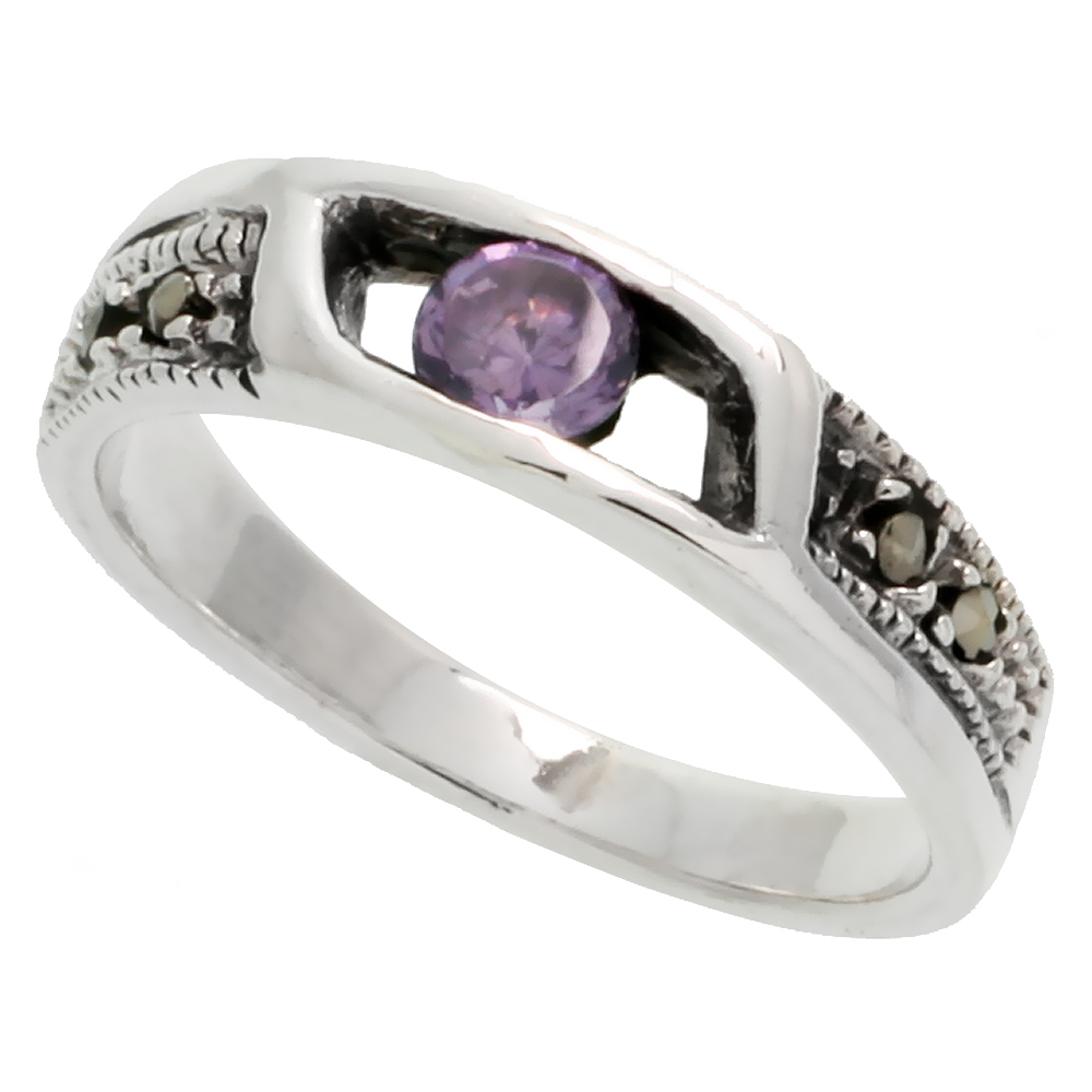 Sterling Silver Marcasite Thin Band, w/ Brilliant Cut Amethyst CZ, 3/16&quot; (5 mm) wide