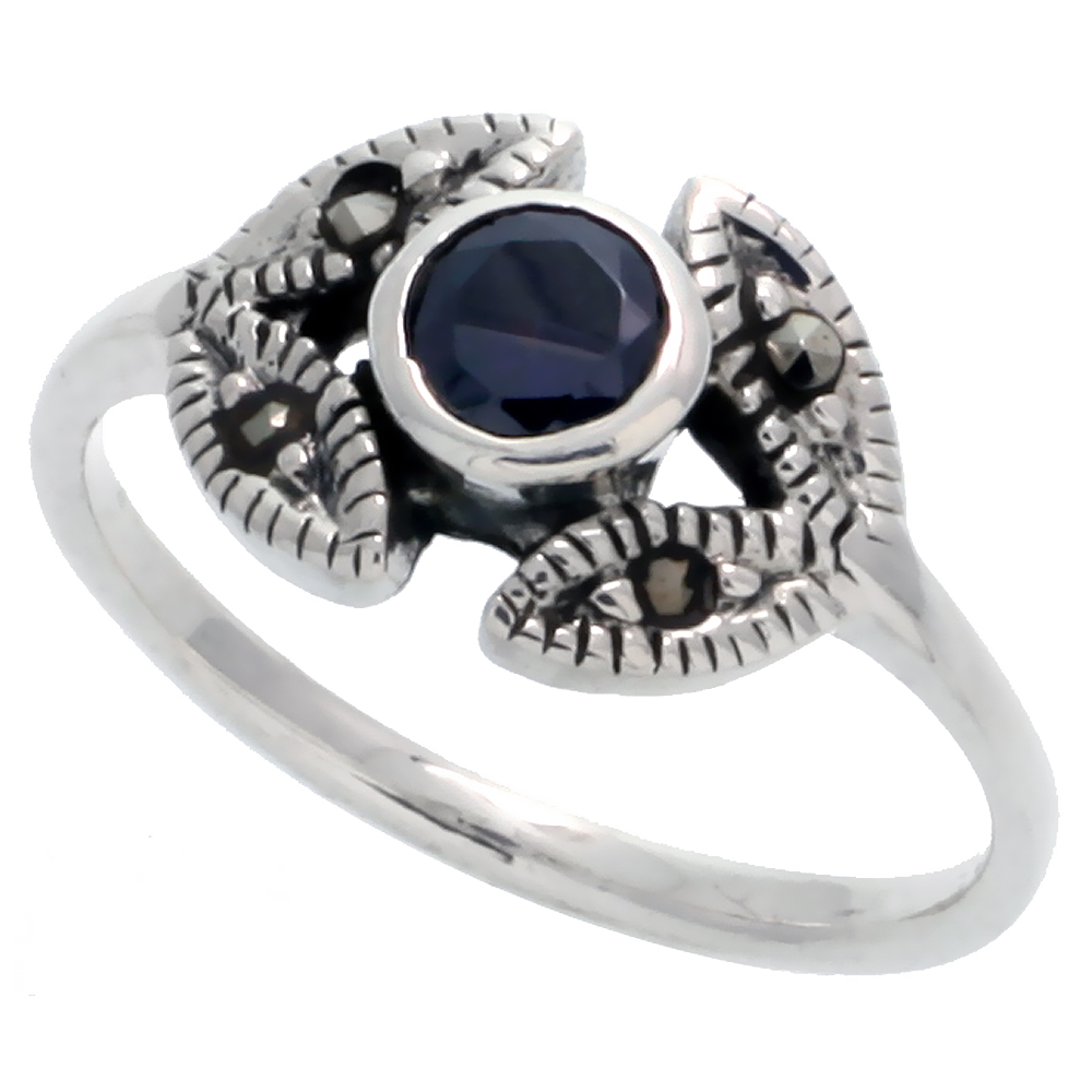 STERLING SILVER MARCASITE FANCY RING, W/ BRILLIANT CUT AMETHYST CZ, 3/8" (9 MM) WIDE