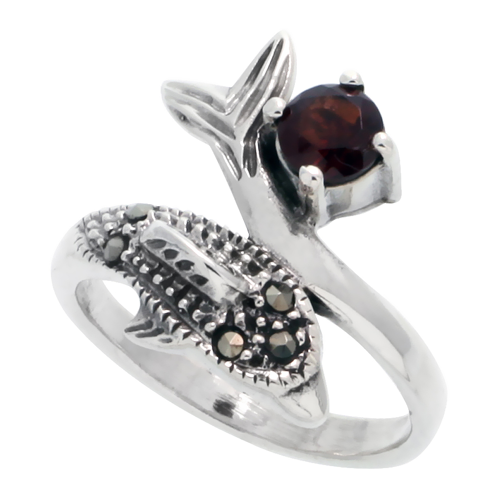 STERLING SILVER MARCASITE DOLPHIN RING, W/ BRILLIANT CUT RUBY CZ, 3/4" (19 MM) WIDE