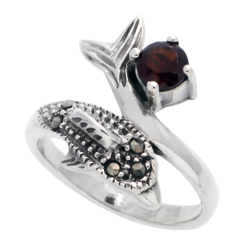 Sterling Silver Marcasite Dolphin Ring, w/ Brilliant Cut Ruby CZ, 3/4" (19 mm) wide